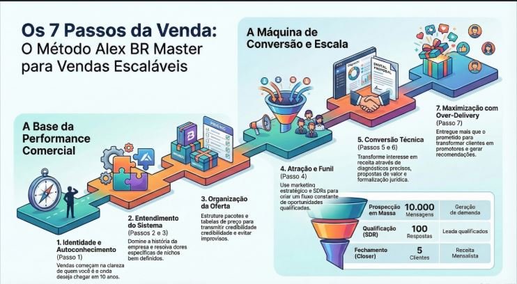 Os 7 Passos da Venda Método Alex BR Master para construir vendas previsíveis Vender não é apenas convencer alguém a comprar. Vender é estruturar um sistema que transforma interesse em receita de forma contínua. O Método Alex BR Master organiza esse processo em sete etapas estratégicas que vão do desenvolvimento pessoal até a fidelização do cliente.
